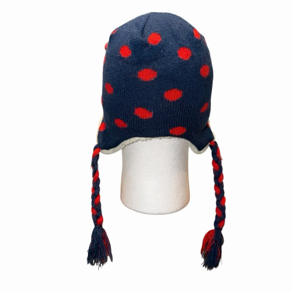 Girls Lady Bug Face Winter Knit Hat With Ear‎ Flaps Blue Red Beanie